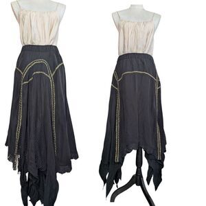 Ixiah Black and Gold Asymmetrical Handkerchief Hem Twirly Midi Skirt Size M